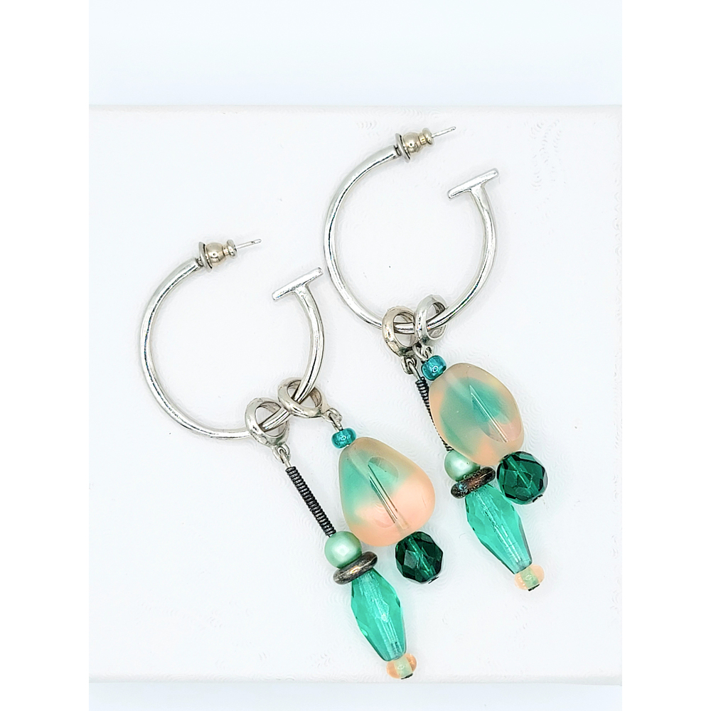 HMS Designs Czech Glass Beaded Hoop Dangle Earrings Vintage